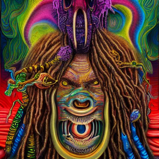 Image similar to a high detailed hyper detailed painting of a spiritual monster with dreadlocks and several eyes, pointy teeth and colorful skin with scales and strange textures, surreal psychedelic cosmic horror - 7 6 8