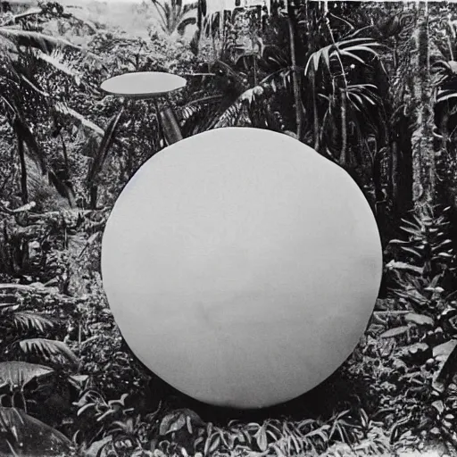 Image similar to a rizom lost film footage of a ( ( ( ( ( ( ( ( sphere ) ) ) ) ) ) ) ) in the middle of the tropical jungle / tropicalism / film still / cinematic / enhanced / 1 9 2 0 s / black and white / grain