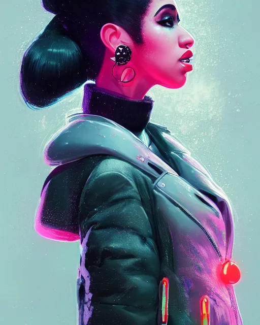 Prompt: detailed side profile portrait Cardi B, cyberpunk futuristic neon, reflective puffy coat, decorated with traditional Japanese ornaments by Ismail inceoglu dragan bibin hans thoma greg rutkowski Alexandros Pyromallis Nekro Rene Maritte Illustrated, Perfect face, fine details, realistic shaded, fine-face, pretty face