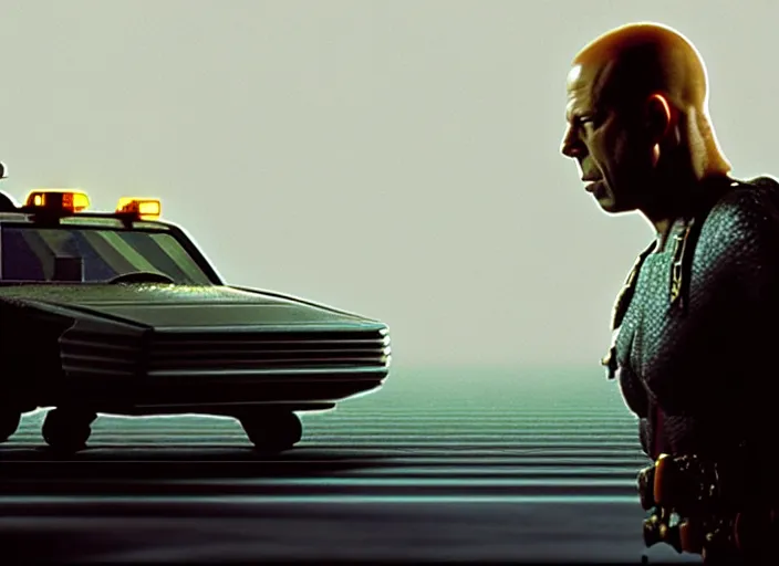 Prompt: still photo from the movie the fifth element, bruce willis, futuristic taxi, full body, far future, sharp focus, highly detailed, trending on artstation, intricate, cinematic composition, fog volume, octane