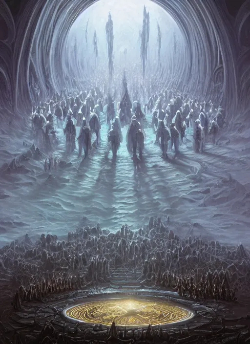 Image similar to a quantum computer surrounded by a dark cabal of multiple hooded elven mystics in long dark robes gathered in a circular formation, dan seagrave art, michael whelan, artstation, cgsociety, epic scifi fantasy art