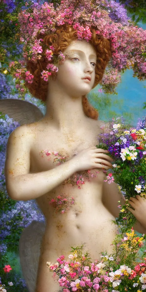 Prompt: high definition, digital, hyperreal, 2 k, tilt - shift, aphrodite wearing a beautiful dress, goddess of love, surrounded by flowers, in the style of a painting