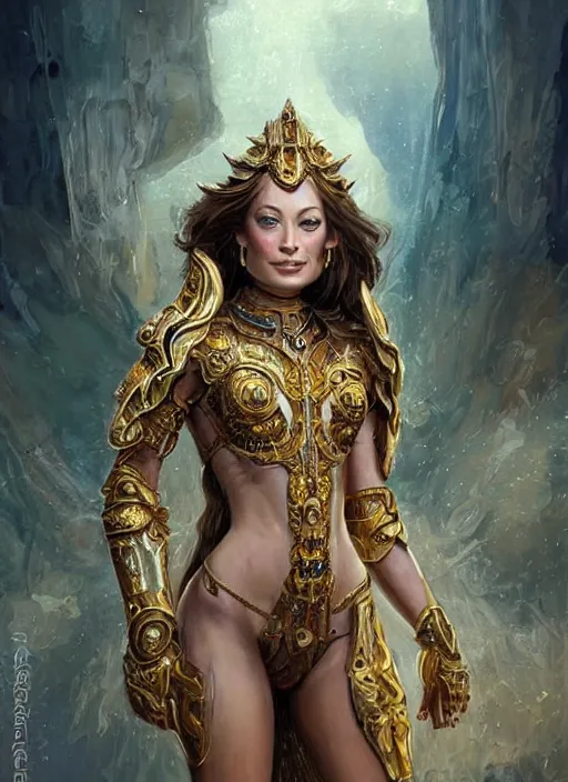 Prompt: a professional painting of a young Olivia Wilde, wearing skimpy ornate, detailed, intricate golden armor, olive skin, long dark hair, beautiful bone structure, symmetrical facial features, intricate, elegant, digital painting, concept art, smooth, nice background bokeh, illustration, from StarCraft by Ruan Jia and Mandy Jurgens and Artgerm and William-Adolphe Bouguerea