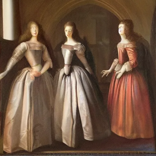 Image similar to fine art, oil on canvas. six women in a vast castle lobby wearing fine clothes, no faces visibles. dark room with light coming through the right side. baroque style 1 6 5 6. high quality realistic recreation of illumination shadows and colors, no distortion on subject faces.