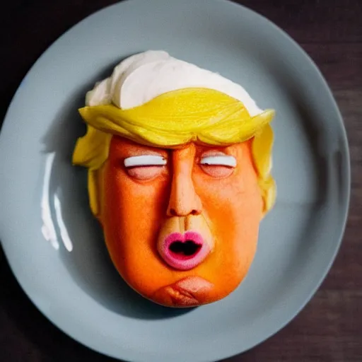 Image similar to edible donald trump made of lemon skin for hair, cake and orange pieces for the face, blueberries and whipped cream for the suit, from the beautiful'food art collection ', dslr