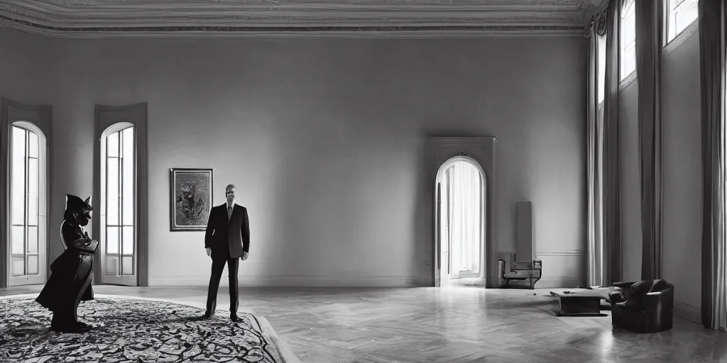 Image similar to Batman standing in giant Italian modern castle living room, clean minimalist design, that is 1300 feet tall, with very tall giant walls filled with modern art paintings, doors that are cosmic portals, photo by Annie Leibovitz