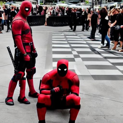 Image similar to daredevil and deadpool sat by a chess table