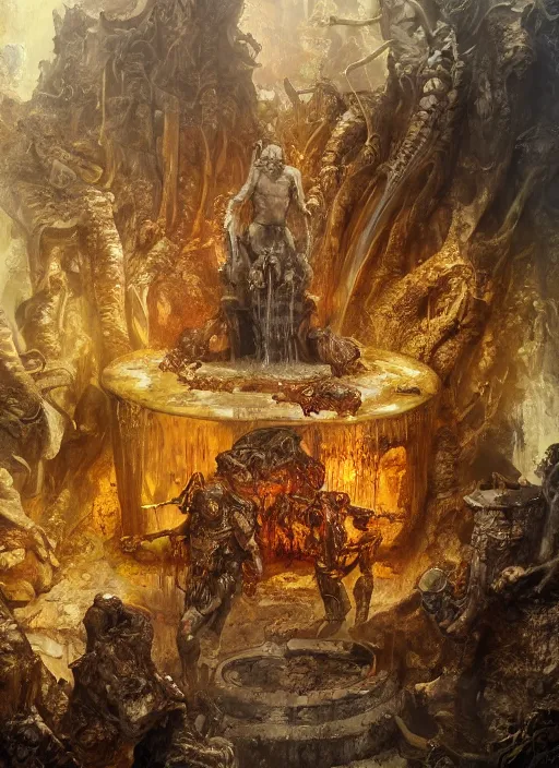 Image similar to fountain of honey in hell, oil painting by tomasz jedruszek, cinematic lighting, pen and ink, intricate line, hd, 4 k, million of likes, trending on artstation