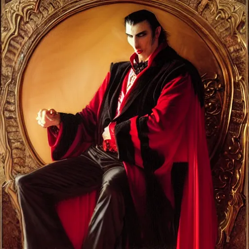 Prompt: perfectly centered portrait of attractive vampire king dracula in a robe sitting on a throne of bones, highly detailed painting by gaston bussiere, craig mullins, j. c. leyendecker, 8 k