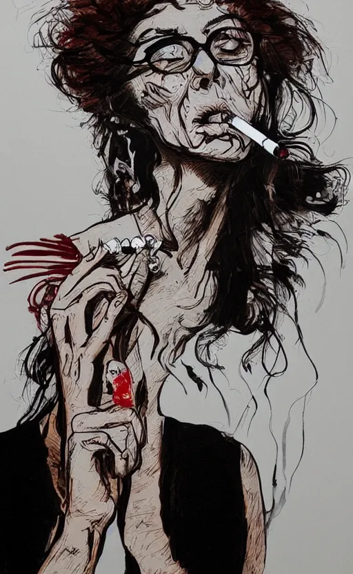 Image similar to woman smoking a cigarette artwork in the style of ralph steadman, 8 k, hyperrealistic, hyperdetailed