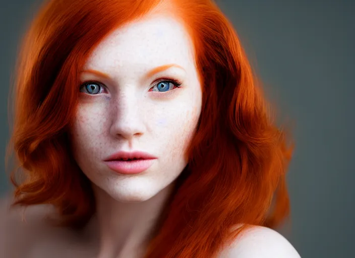 Image similar to 5 5 mm portrait photo of a redhead woman's face with ( intricate cat eyes )!!. highly detailed 8 k. intricate. lifelike. soft light. nikon d 8 5 0. cinematic post - processing