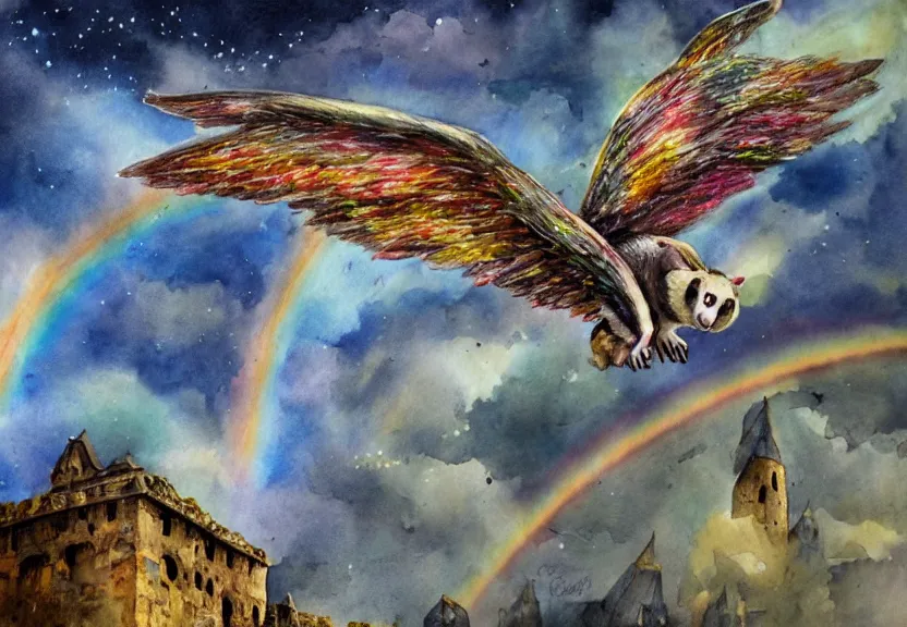 Image similar to legendary rainbow winged possum flying over a medieval castle at night under the dark starred sky, dark fantasy, watercolor, dreaming illusion, highly detailed, 4k, trending on Artstation