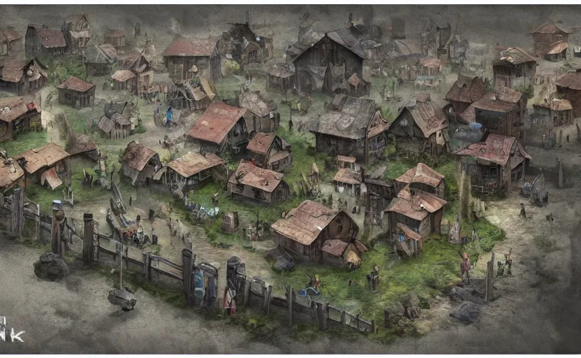 Prompt: Twinepunk, twinepunk village, concept art, detailed matte painting