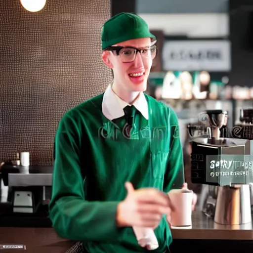 Prompt: slenderman working at starbucks, stock photo, cheerful lighting