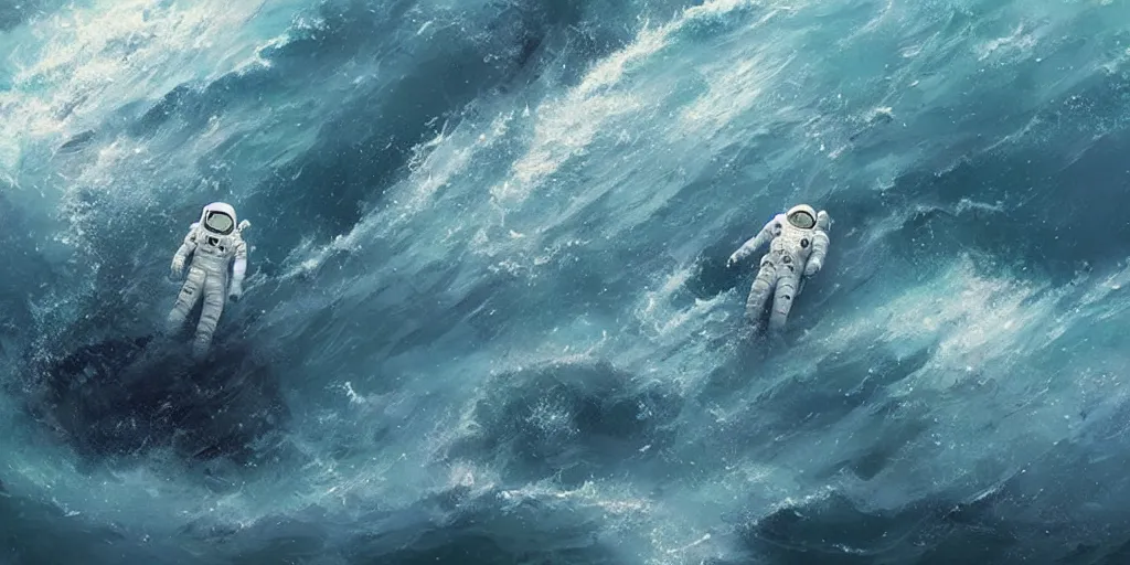 Image similar to an astronaut waist deep in the ocean,digital art,detailed,ultra realistic,art by greg rutkowski