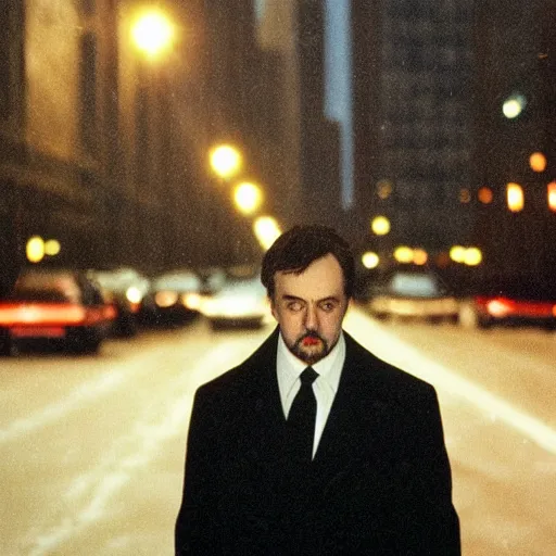 Image similar to 1 9 9 8 peter the great wearing a black wool coat and necktie in his car driving through the streets of chicago at night. cinematic dramatic atmosphere, sharp focus, soft volumetric studio lighting. high detail, photorealistic