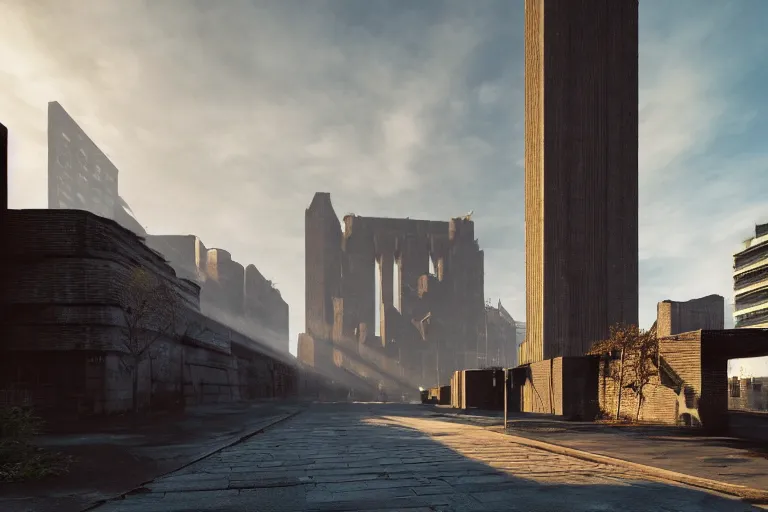 Image similar to streetscape, a towering cathedral of brutalist architecture, buildings covered with greebles, stunning volumetric light, sunset, metal, concrete and translucent material, stunning skies, majestic landscape, trending on Artstation, 8k, photorealistic, hyper detailed, unreal engine 5, IMAX quality, cinematic, epic lighting, in the style of Greg Rutkowski