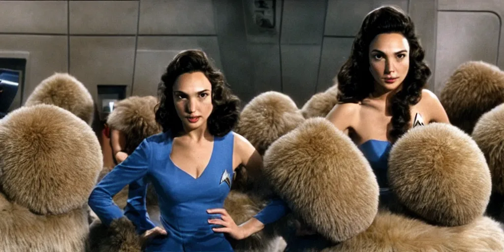 Image similar to Gal Gadot and Tribbles, Tribbles and more Tribbles in a scene from Star Trek the original series