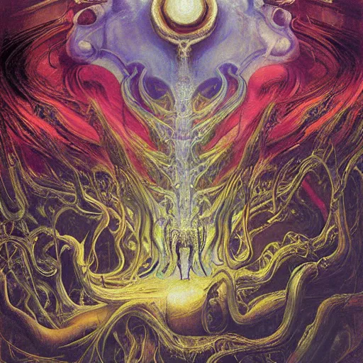 Image similar to lurid eldritch radiating town fractal shimmering phantasm, by h. r. giger and esao andrews and maria sibylla merian eugene delacroix, donato giancola, edvard munch john berkey, gustave dore, thomas moran, hieronymus bosch, hp lovecraft, pop art, synthwave, cubist
