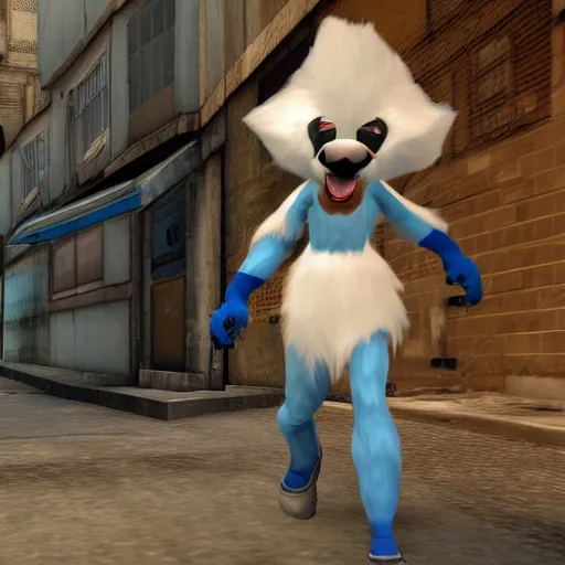 Image similar to furry anthro digital video game screenshot source engine of an anthropomorphic wolf with white fur wearing blue uniform standing in an alley city 17 in background from half life 2