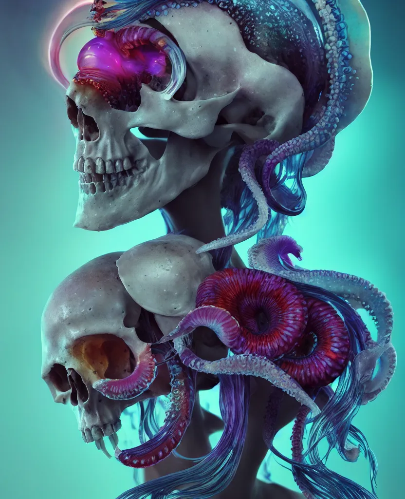 Image similar to goddess close - up portrait human skull, ram skull, squid phoenix jellyfish, orchid, betta fish, bioluminiscent, intricate artwork by tooth wu and wlop and beeple. octane render, trending on artstation, greg rutkowski very coherent symmetrical artwork. cinematic, hyper realism, high detail, octane render, 8 k