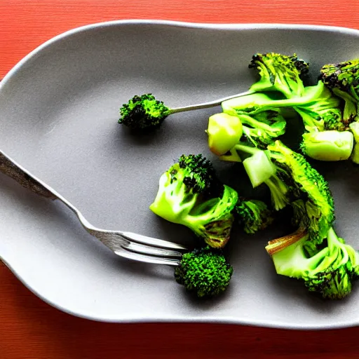 Prompt: a brocolli eating a turnip with utensils