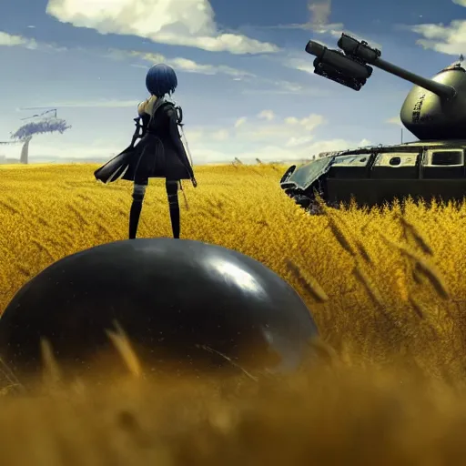 Image similar to a very high resolution image from nier : automata, featuring 9 s android destroying a t 6 2 russian tank in yellow rye field under pure blue skies