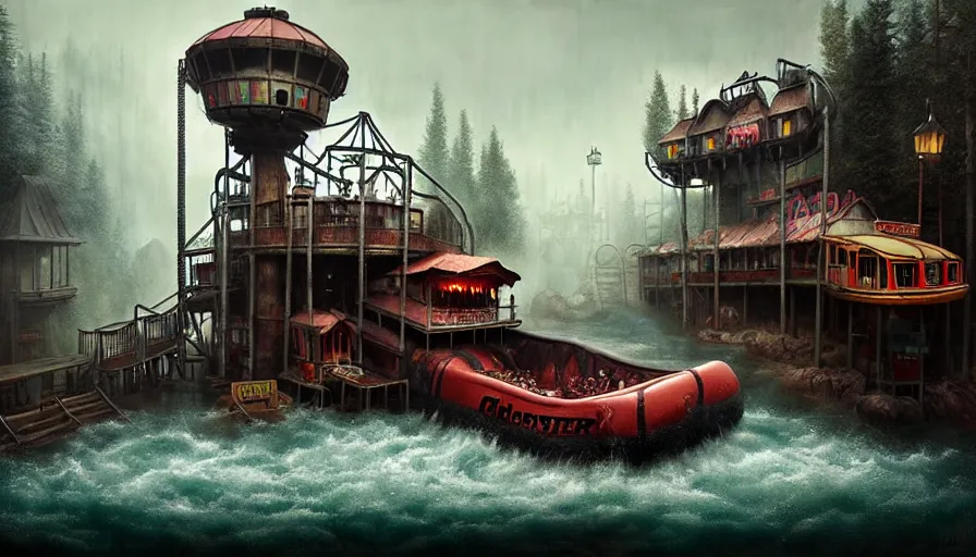 Prompt: michal karcz grunge painting of an amusement park, monster and horror theme. Monster-themed Grizzly River Run. A raft is spinning very fast. A detailed, elegant, intricate, 4k,