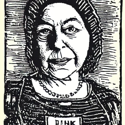 Image similar to queen elizabeth wearing skimask, lino print as whiskey bottle label
