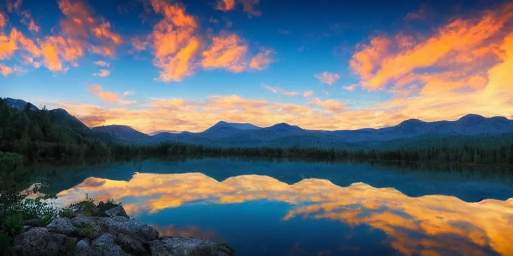 Prompt: beautiful sunset mountains and a Lake, photorealistic, hyperrealistic, water reflects suns light, clouds in the sky