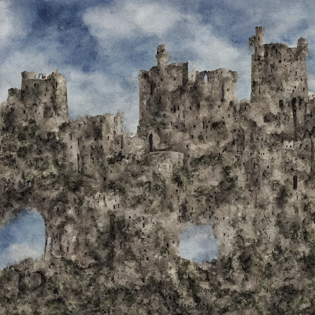 Image similar to ruins of a castle in a dry moutain with a cloudy sky, digital painting, impressinism