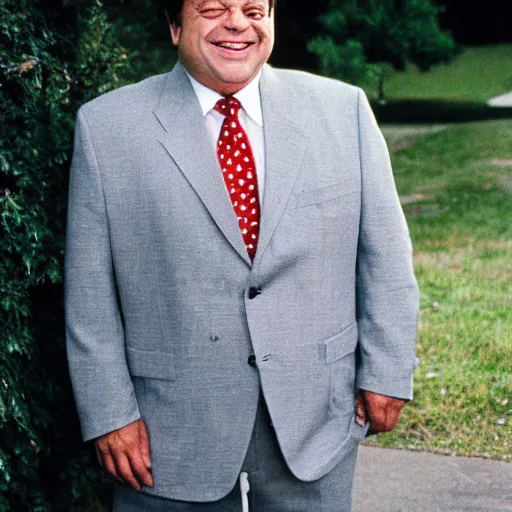 Prompt: Paul Sorvino smiling dressed in a gray suit and necktie holding a hoagie in his driveway, 35mm film still from 1989