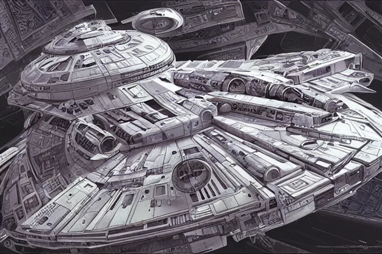 Image similar to the millenium falcon built from organic components, soft, sharp focus, detailed, sci-fi, hyperrealism, concept art by artgerm and Alphonse Mucha and Moebius