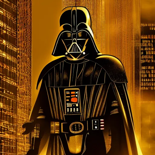 Prompt: gold bordered mural of a futuristic darth vader, hyper realistic, cyberpunk, nightcore, 4 k, highly detailed, beautifully rendered