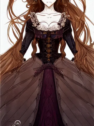 Prompt: a smiling woman, long hair, baroque style, elegant, beautiful, mesmerizing, concept art, fancy clothing, highly detailed, artstation, behance, deviantart, inspired by innocent manga, inspired by castlevania concept art, trending, ayami kojima, shinichi sakamoto