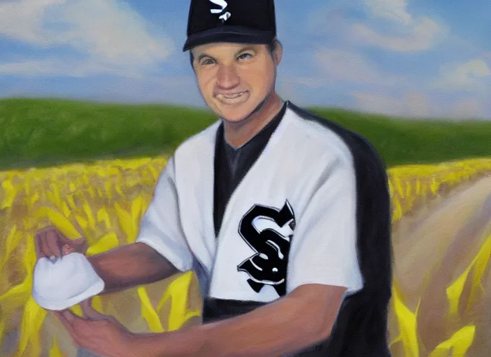 Prompt: painting of paul pater dressed as nurse with a chicago white sox hat in the middle of a corn field