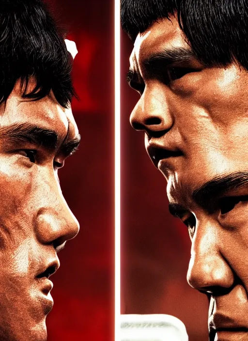 Image similar to Film poster Arnold Schwarzenegger VS Bruce lee , faces look at each other, detailed and realistic, 4k, filmic render