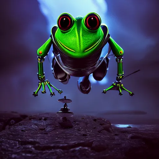 Prompt: Robot frog, 4k, trending on artstation, dramatic lightning, highly detailed, cinematic, illustration,