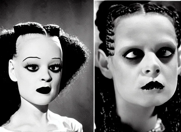 Prompt: editorial portrait, bride of frankenstein ( 1 9 3 5 ) as child wednesday addams, still from the addams family ( 1 9 9 1 )