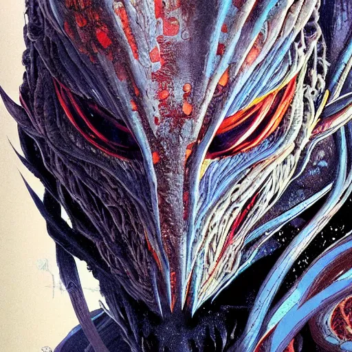 Image similar to a simple concept art portrait of a predatory alien species. an award winning yoshitaka amano digital art poster color painting. a masterpiece by james gurney. poster colour on canvas.