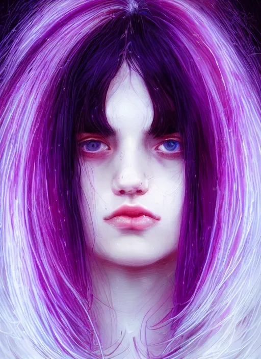 Image similar to hair whitebangs hair, black hair, whitebangsblackhair, portrait of teenage girl with white bangs, messy bangs, curly bangs, whitebangs, red irises, purple clothes, intricate, elegant, glowing lights, highly detailed, digital painting, artstation, concept art, sharp focus, illustration, art by wlop, mars ravelo and greg rutkowski