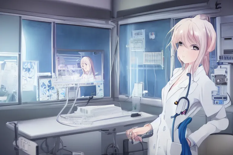 Prompt: a cute and beautiful young lady, a radiologist wearing white coat in a hospital building, highly detailed, slice of life anime, illustration, anime scenery by Makoto shinkai