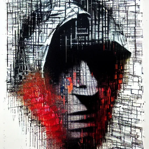 Prompt: portrait of a hooded hacker wearing a cyberpunk visor, mysterious, shadows, by Guy Denning, by Johannes Itten, by Russ Mills, glitch art, hacking effects, chromatic, color blocking, oil on canvas, concept art, abstract