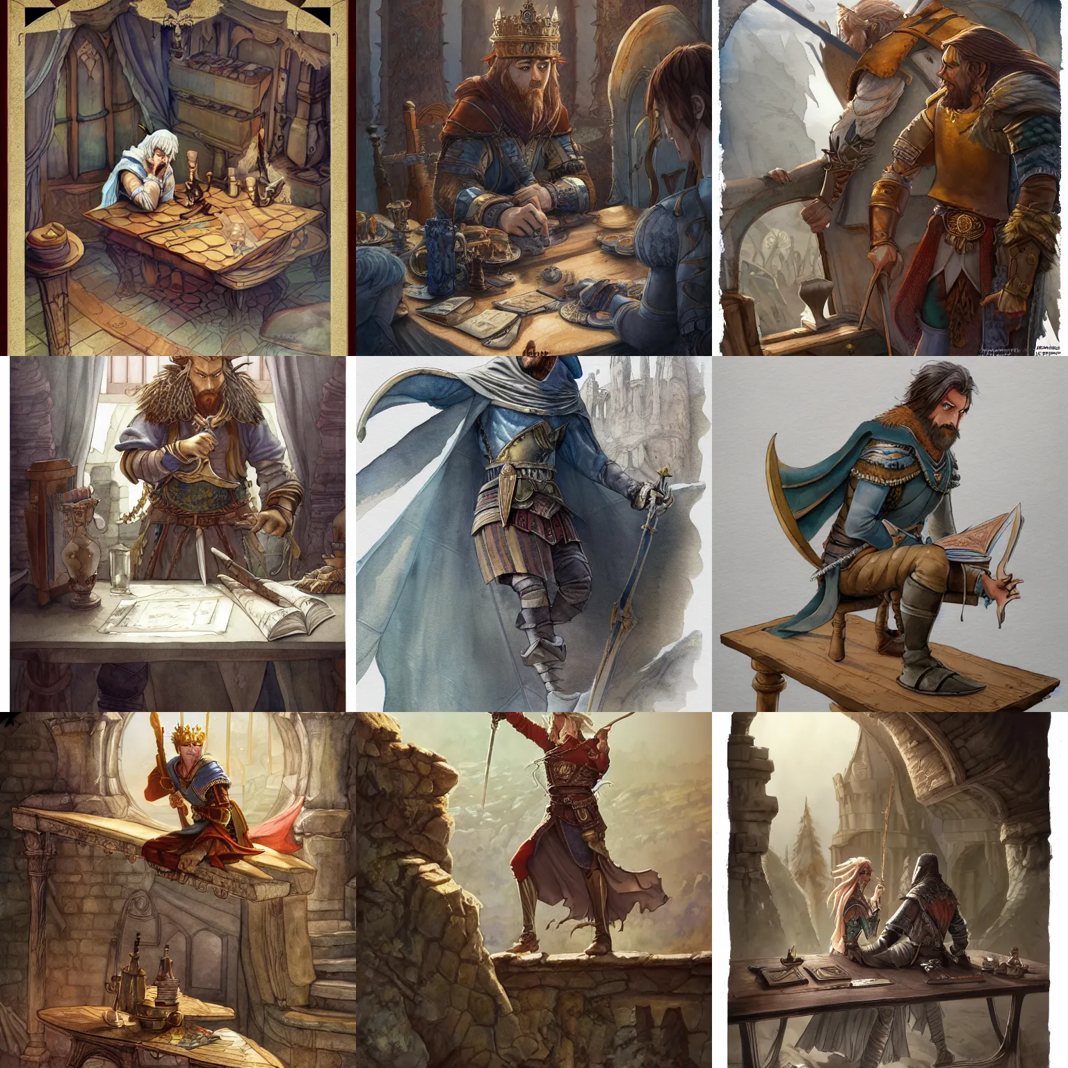 Prompt: highly detailed 2 d traditional book illustration, watercolor inspired, contourless, cell shaded, high fantasy character design of [ [ [ king arthur ] ] ] leaning over a table, by eldar velikhanov, adam lee and walt disney, trending on artstation, sharp focus, octane render, 4 k