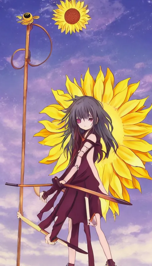 Prompt: the being death as a cute anime girl with a giant cute sun flower scythe from a studio ghibli film inspired by the death tarot card