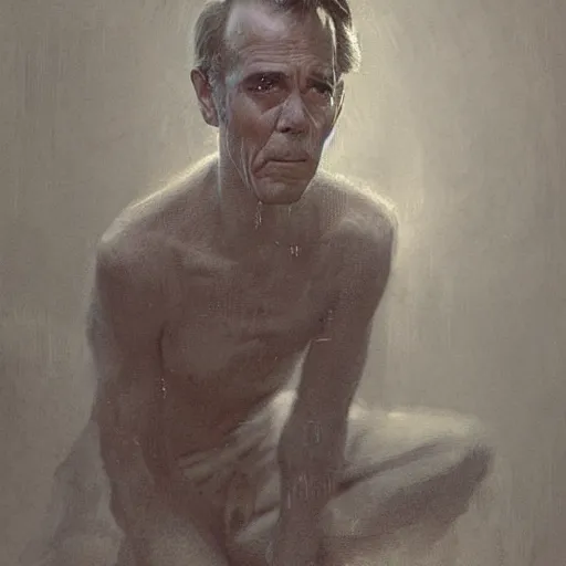 Prompt: a highly detailed epic cinematic concept art CG render digital painting artwork costume design: Henry Fonda as a 1950s tired disillusioned poet, barefoot, thinking. volumetric lighting. By Greg Rutkowski, in the style of Francis Bacon and Syd Mead and Norman Rockwell and Beksinski, great attention to proper perfect anatomy, highly detailed, painted by Francis Bacon and Edward Hopper, painted by James Gilleard, surrealism, airbrush, Ilya Kuvshinov, WLOP, Stanley Artgerm, very coherent, triadic color scheme, realistic facial expression, art by Takato Yamamoto and James Jean