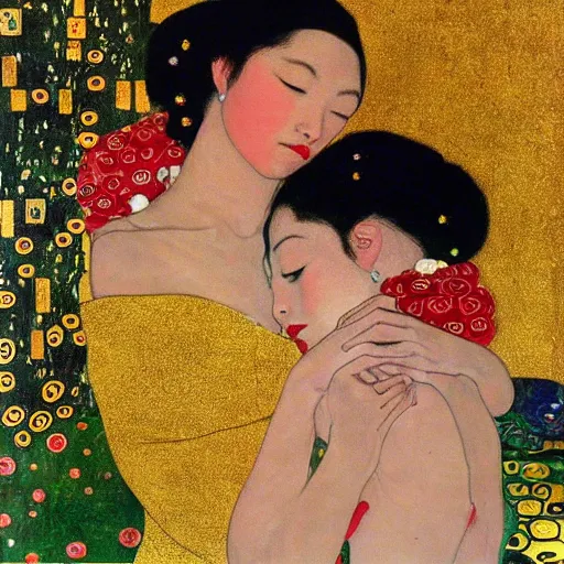 Prompt: !dream Woman holding another woman, one black, the other Asian, both have red lips, silk ribbon over eyes, Gustav Klimt style, against a background of flowers,