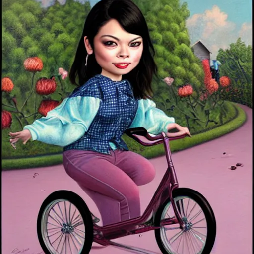 Prompt: Miranda Cosgrove on a tricycle, lowbrow painting by Mark Ryden and Artgerm