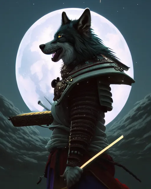 Image similar to highly detailed surreal vfx portrait of a samurai wolf in front of a full moon, stephen bliss, unreal engine, greg rutkowski, loish, rhads, beeple, makoto shinkai and lois van baarle, ilya kuvshinov, rossdraws, tom bagshaw, alphonse mucha, global illumination, detailed and intricate environment