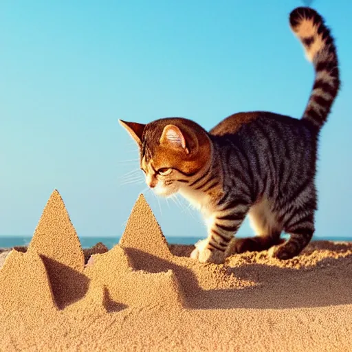 Prompt: Photo of a cat building a sandcastle on a beach, photorealistic, 8K photo, golden hour, award winning